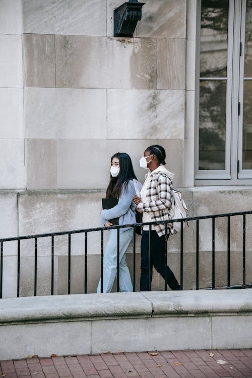 Side view young calm diverse females in casual clothes and face masks carrying folders and strolling together on street sidewalk