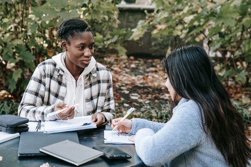 Free Positive multiracial female students in casual clothes working on university project together while sitting at table in autumn park Stock Photo