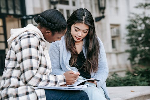 Thoughtful multiracial female students wearing casual outfits working on university project together while sitting on bench in campus park