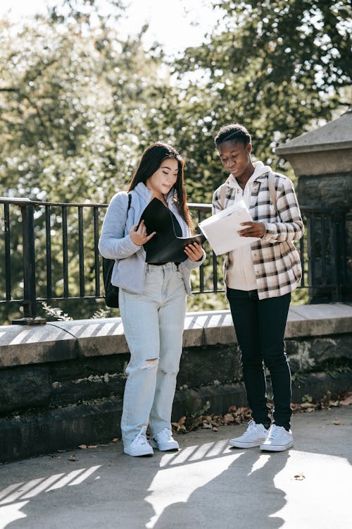 Multiracial students with folders studying on urban walkway