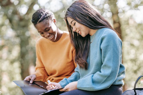 Happy smiling young multiracial female friends in warm sweaters writing in papers in folder while sitting together on blurred park background on sunny autumn day