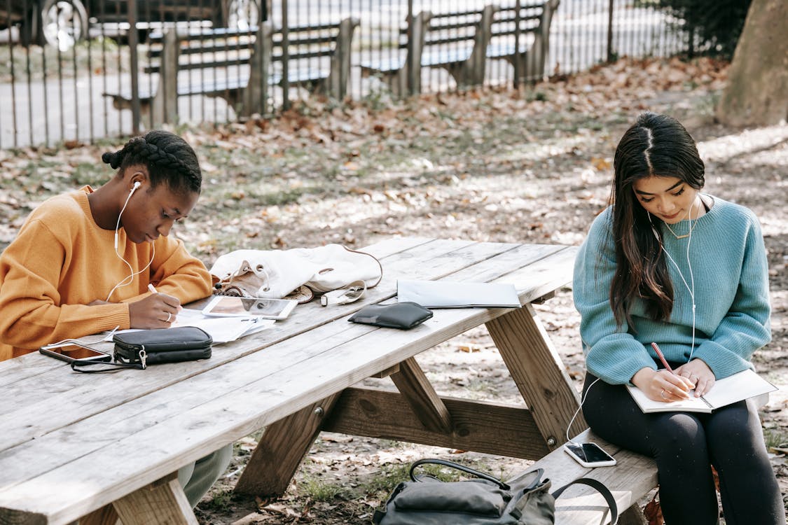 Free Concentrated young multiethnic women with earphones taking notes in diaries at wooden table on street Stock Photo