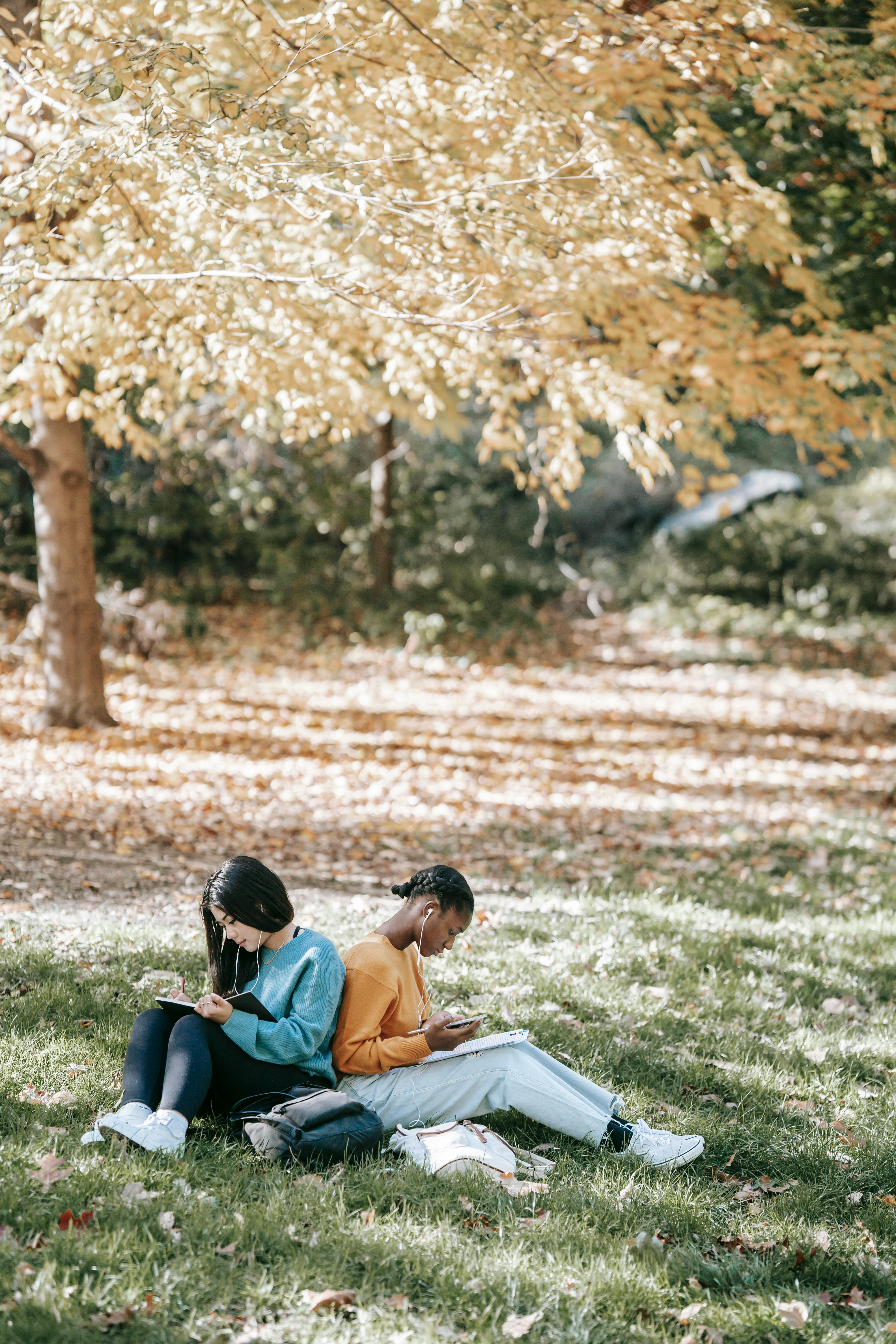 multiethnic young women using gadgets in park