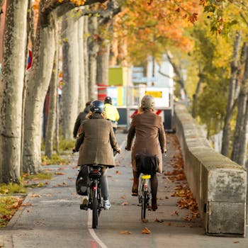 Cyclists ride on a tree-lined path in autumn, enjoying the vibrant foliage.