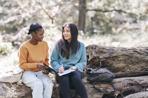 Delighted diverse students taking notes sitting in park