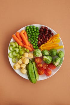 Plate full of various fresh vegetables neatly arranged for healthy eating concept.