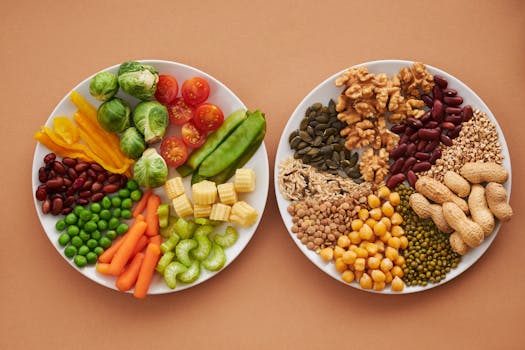 A vibrant flatlay of colorful vegetables and nuts showcasing a balanced diet concept.