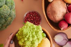 Hands holding fresh vegetables including Romanesco broccoli and potatoes, perfect for healthy cooking ingredients.
