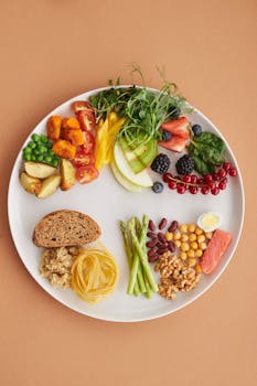 Colorful assortment of healthy foods on a plate, perfect for a balanced diet.
