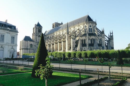 Exterior of aged monuments of national heritage of France Bourges Cathedral among green trimmed plants
