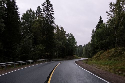 Free A winding asphalt road meandering through a lush green forest, perfect for travel inspiration. Stock Photo