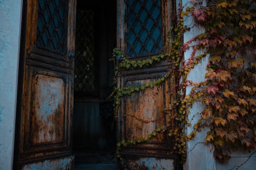 Old shabby entrance with opened rusty door