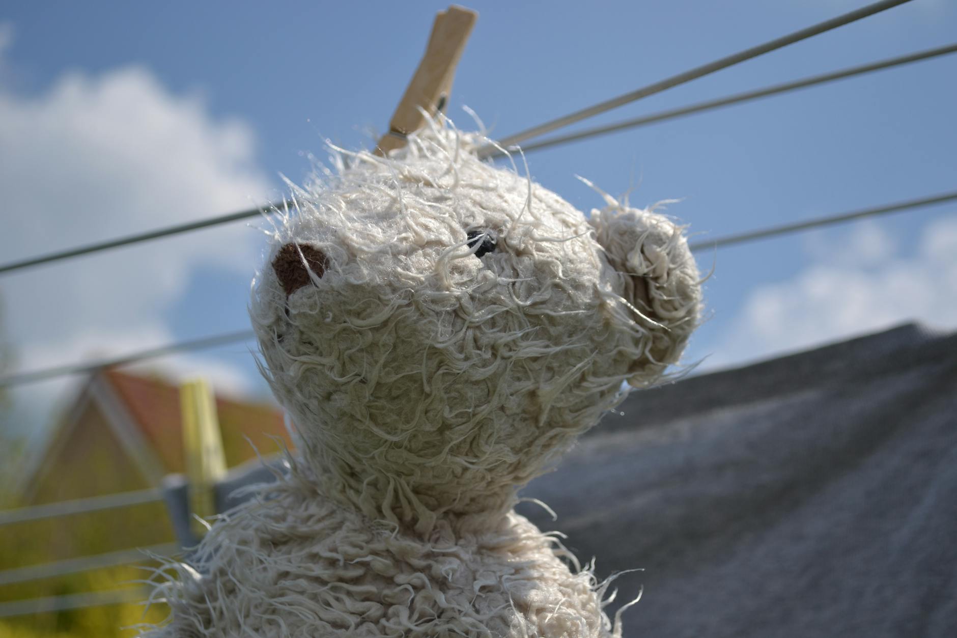 A sad looking teddy bear is drying alone on a clothesline.
He seems to have been oppressed for some time. Or maybe he has given an unlimited amount of hugs, which makes him "used".