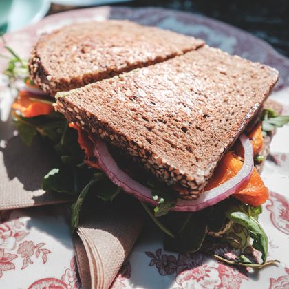 Rye bread sandwich seen from above, photo by Lachlan Ross on Pexels