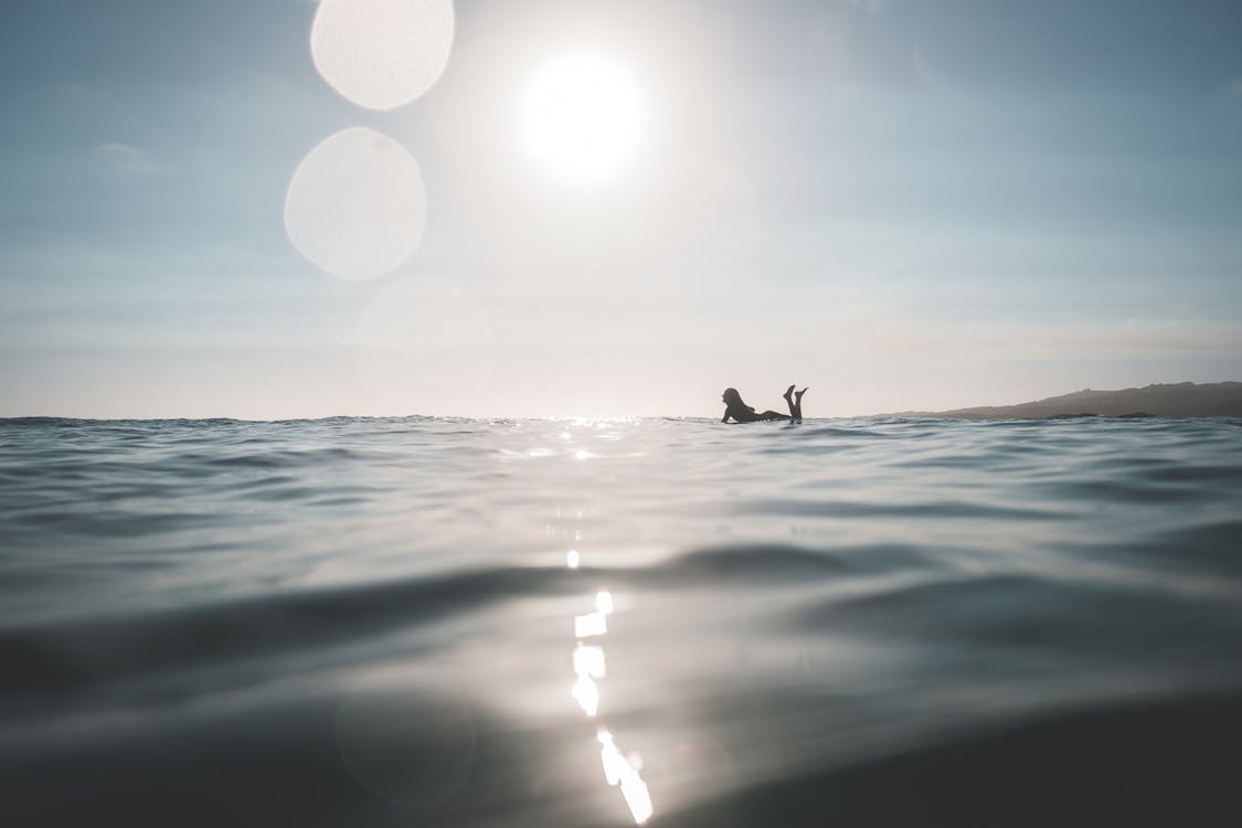 Free Woman swimming on surfboard in sea in sunlight Stock Photo