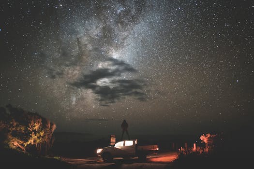 A silhouette on a car under a stunning starry sky and Milky Way, capturing the essence of night adventure.