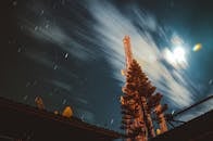 长时间曝光拍摄的夜空，呈现出带有星迹和云的天线