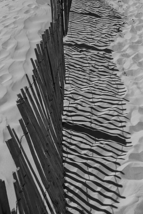 Free A Grayscale of a Wooden Fence on the Sand Stock Photo