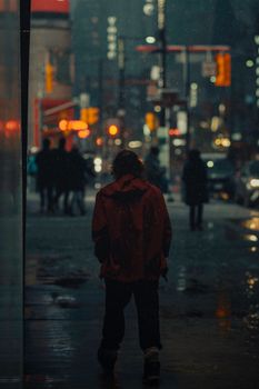 雨夜的多伦多，一个人在弱光下行走，场景忧郁