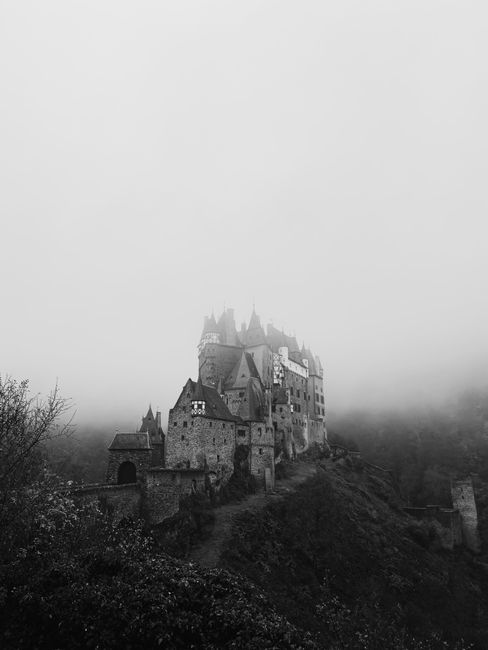 A mysterious black and white view of the historic Eltz Castle shrouded in fog, creating a medieval ambiance.