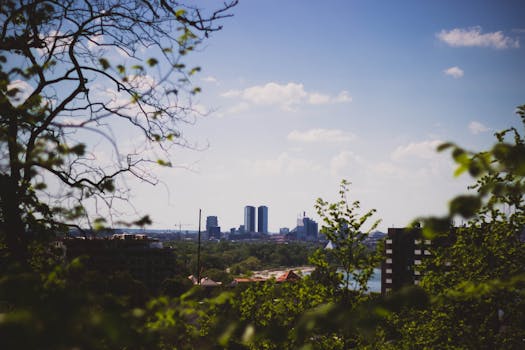 蔚蓝天空下，树木环绕的城市建筑景观