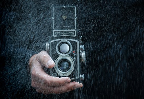 Close-up of a vintage Rolleicord camera held in hand under rain.