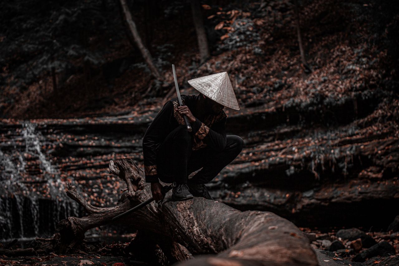 a dramatic scene of a samurai crouching on a tree trunk in a forest wi