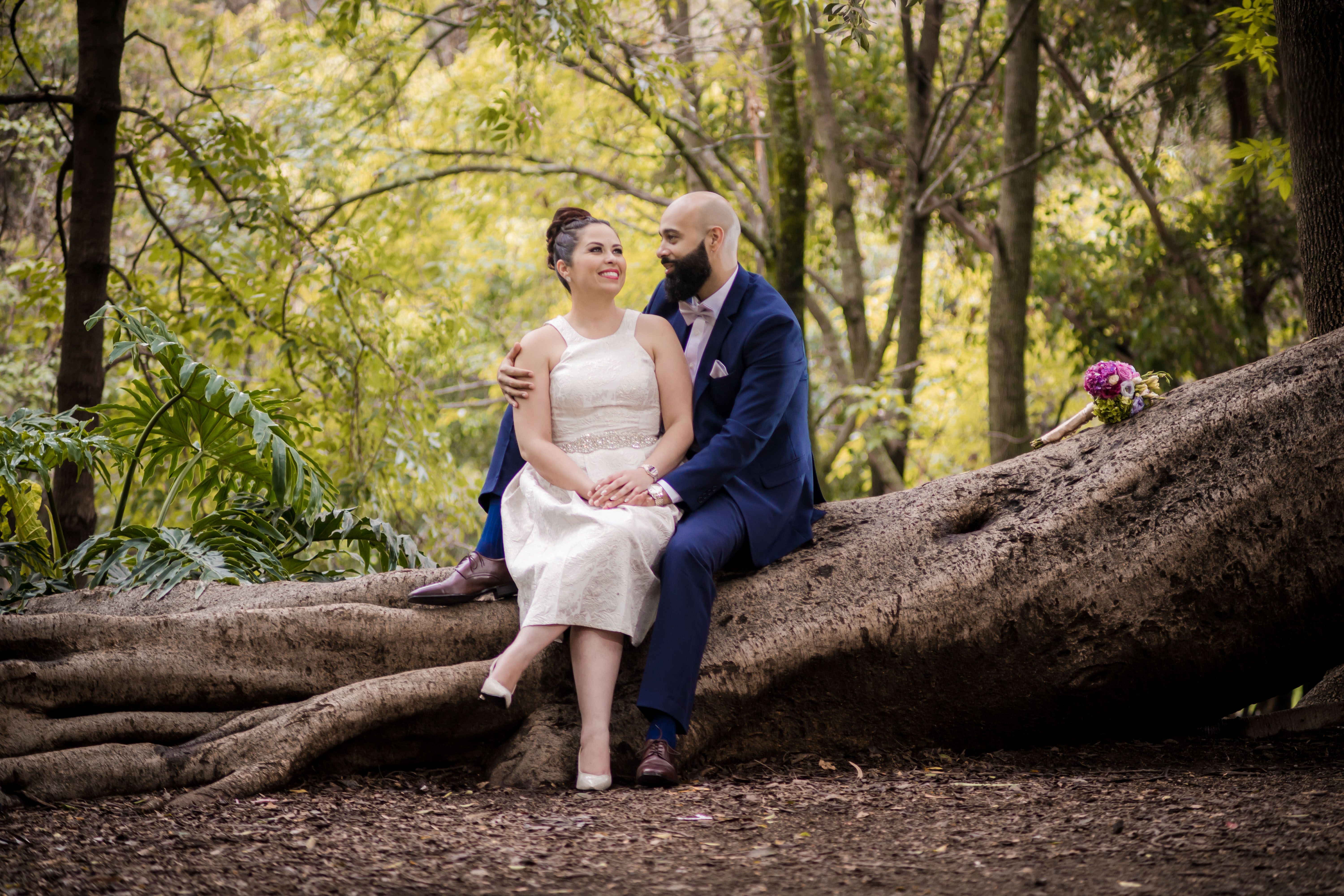 Happy couple sitting on a tree log in a lush forest, capturing a romantic and intimate moment.