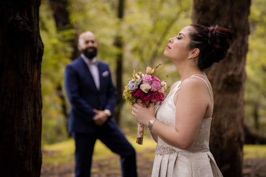 Bride with bouquet in serene forest wedding setting, eyes closed and groom in background.