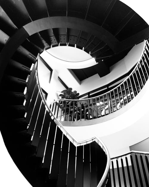 A Grayscale of a Spiral Staircase