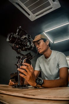 A man skillfully adjusts a professional camera rig indoors, focusing on perfect angles.