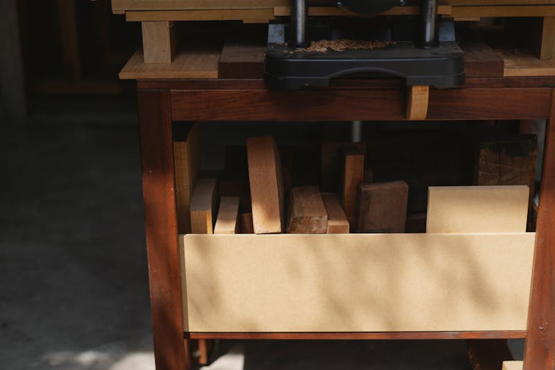 Selbstgebaute Holzwerkbank in einer Werkstatt