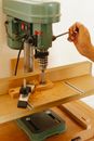 Crop woodworker drilling timber with drill press in workroom