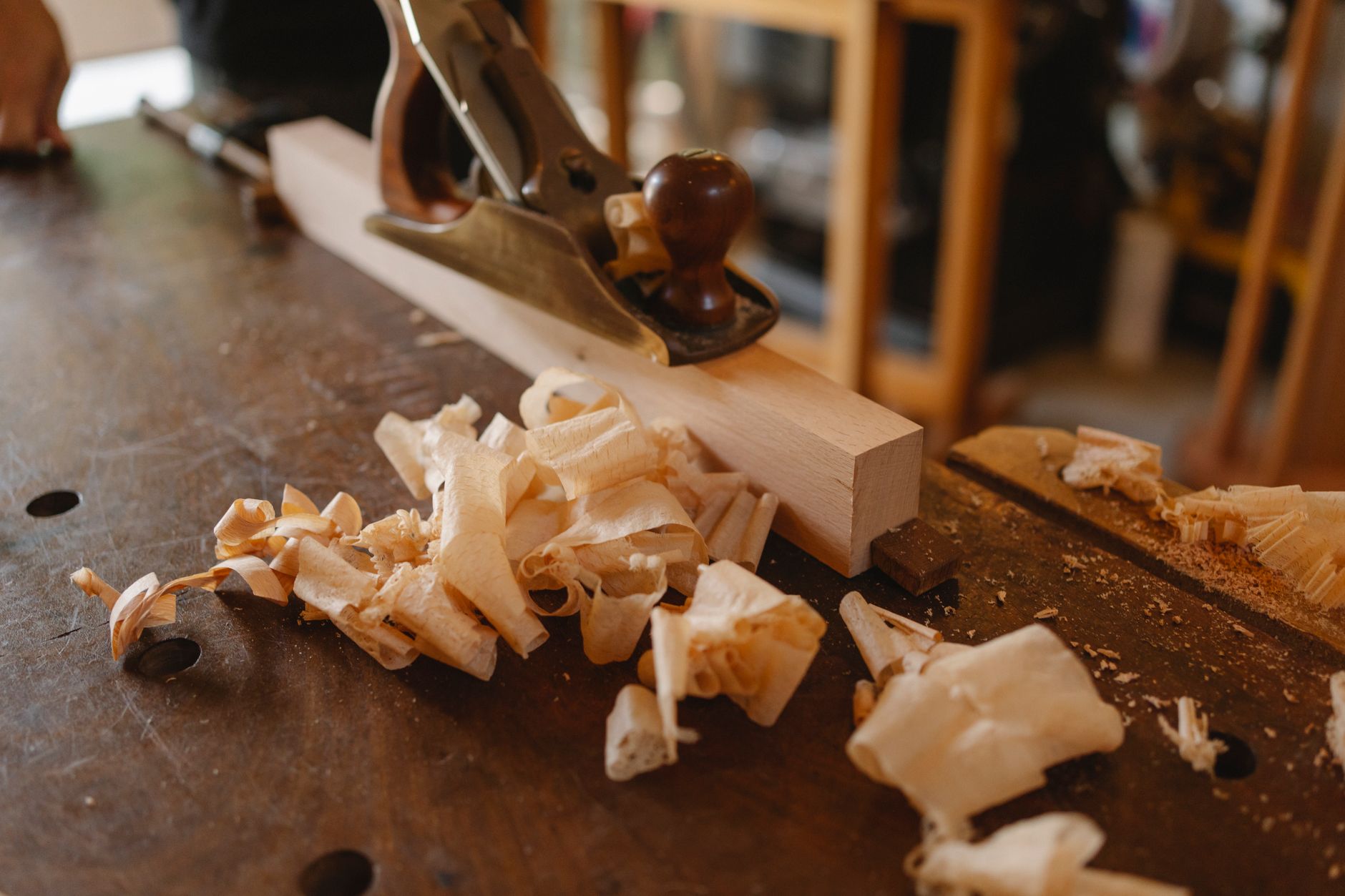 Joiner workbench with planes and shavings
