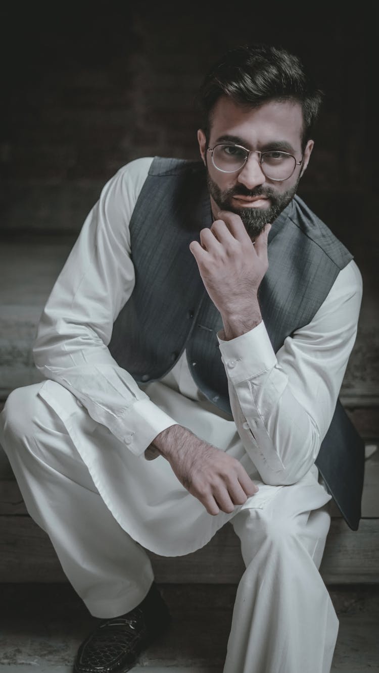 Bearded Man Posing In Nehru Jacket