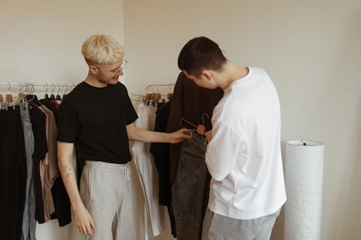 Two men shopping for casual fashion indoors, discussing clothing choices.