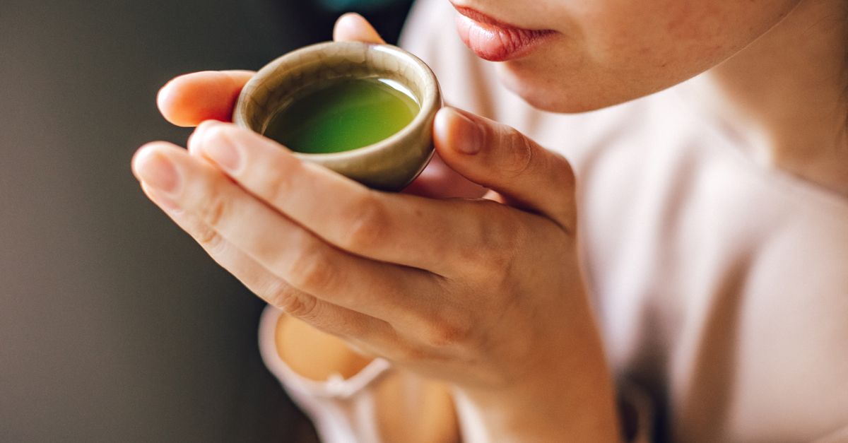 Close-up of a woman enjoying a hot matcha tea, highlighting a healthy lifestyle. - Evidence evidence guide for green tea skin aging randomized trial