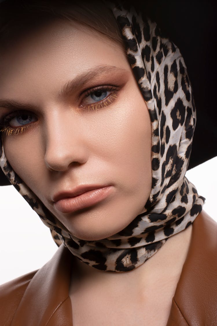 Stylish Woman In Headscarf With Leopard Print