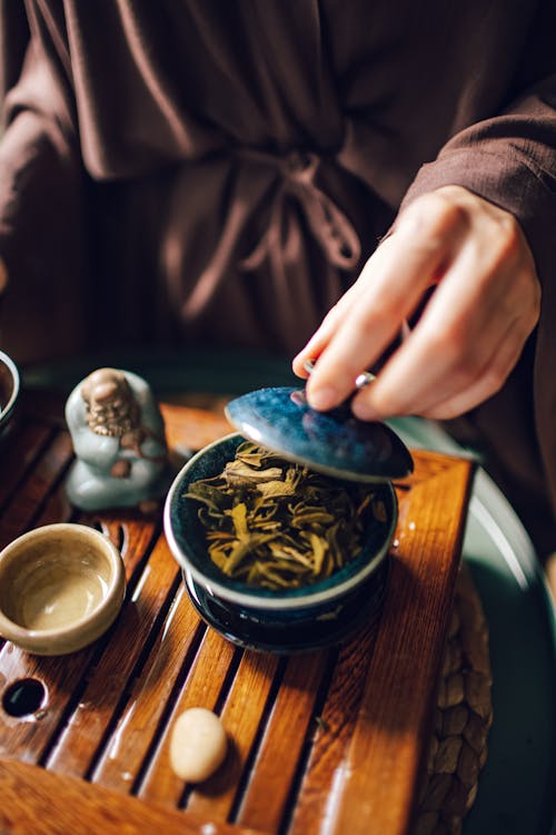 Person Holding the Lid of Blue Ceramic Bowl with Leaves 