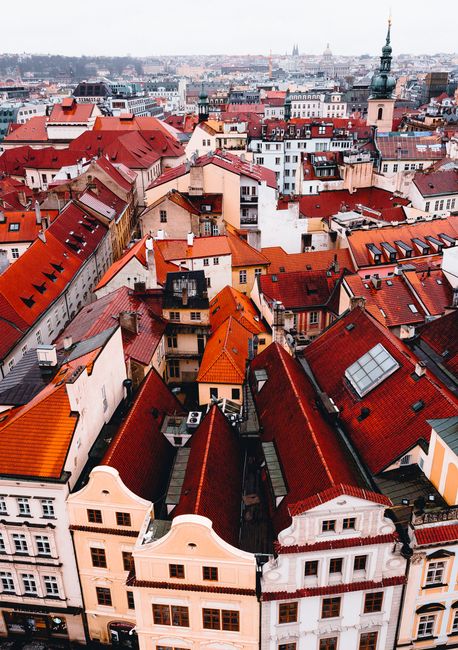 Charming aerial view of Prague's historic red rooftops and classic architecture