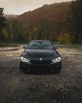 A modern car with headlights on, parked in a rainy autumn landscape.