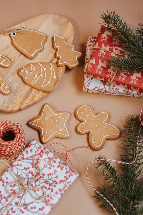 Brown Cookies Beside Gifts