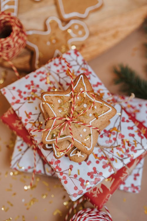 Free Gingerbread on Christmas Gifts Stock Photo