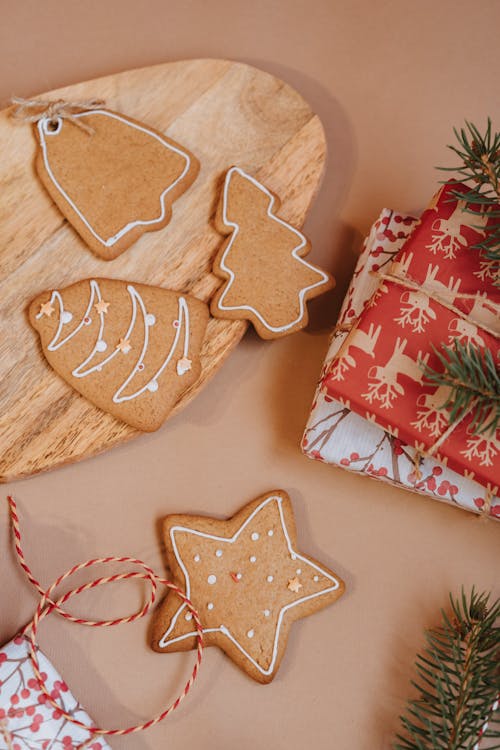 Gingerbread Cookies on Wooden Board 