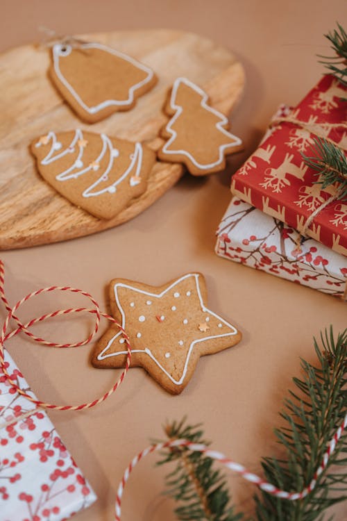 Free Christmas Cookies on Wooden Tray  Stock Photo