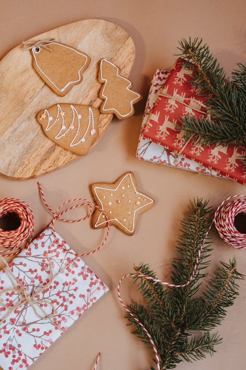 Christmas Gifts Near Brown Gingerbread Cookies