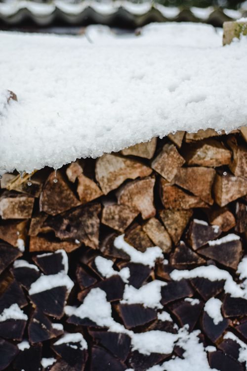 Free Close-up of a snow-covered woodpile in winter, capturing rustic textures. Stock Photo