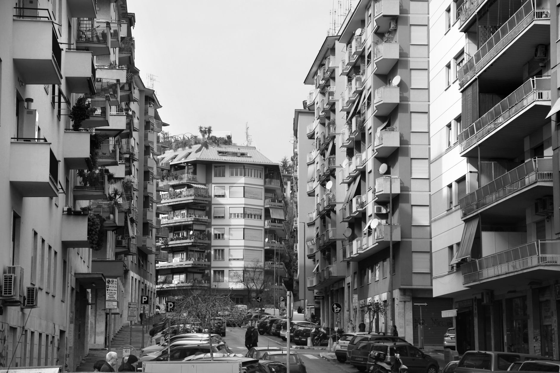 Black and white of residential district of Rome with typical buildings and various cars parked on narrow asphalt road