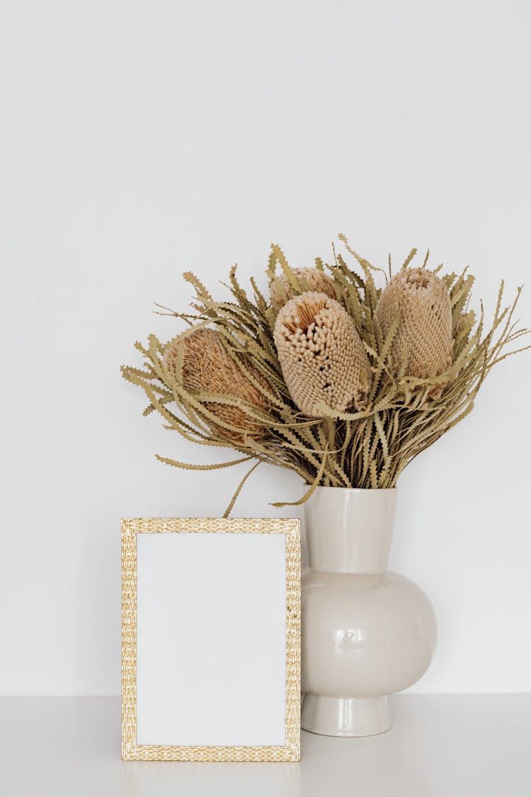 White Still Life With Dry Flowers And Plain Frame