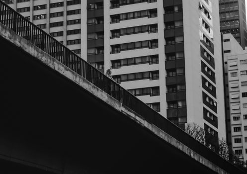 A striking black and white photo of urban buildings in São Paulo, Brazil, emphasizing architecture and solitude.